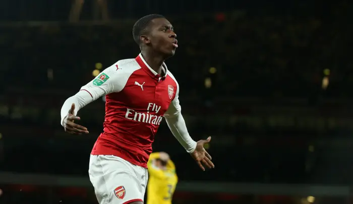 Eddie Nketiah of Arsenal celebrates scoring to make it 1-1 during the Carabao Cup Fourth Round match between Arsenal and Norwich City at Emirates Stadium on October 24th 2017 in London, England.