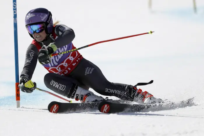 Mar 19, 2017; Aspen, CO, USA; Tessa Worley of France during the women's giant slalom alpine skiing race in the 2017 Audi FIS World Cup Finals at Aspen Mountain.