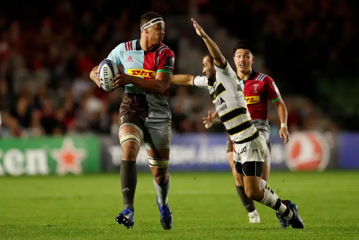 Rugby Union - European Champions Cup - Harlequins vs La Rochelle - Twickenham Stoop, London, Britain - October 14, 2017   Harlequins' Ben Glynn in action with La Rochelle's Alexi Bales