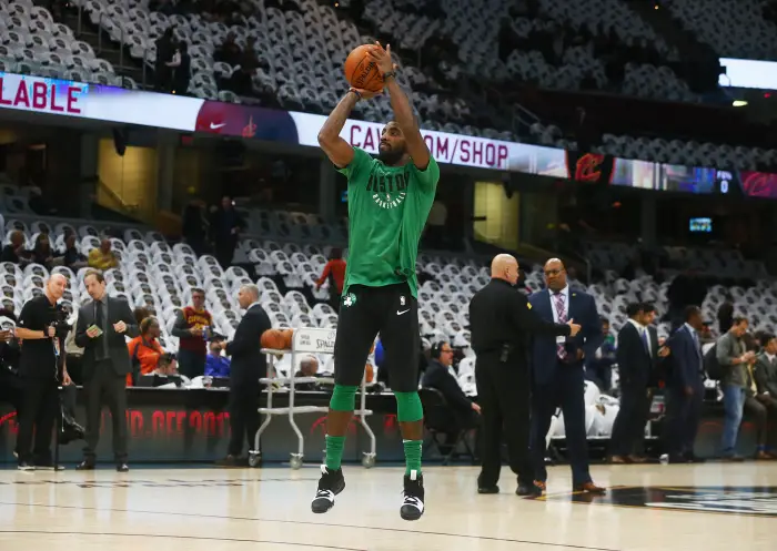 October 17, 2017 - Cleveland, OH, USA - Boston Celtics guard Kyrie Irving warms up before a game against the Cleveland Cavaliers on Tuesday, Oct. 17, 2017, at Quicken Loans Arena in Cleveland.