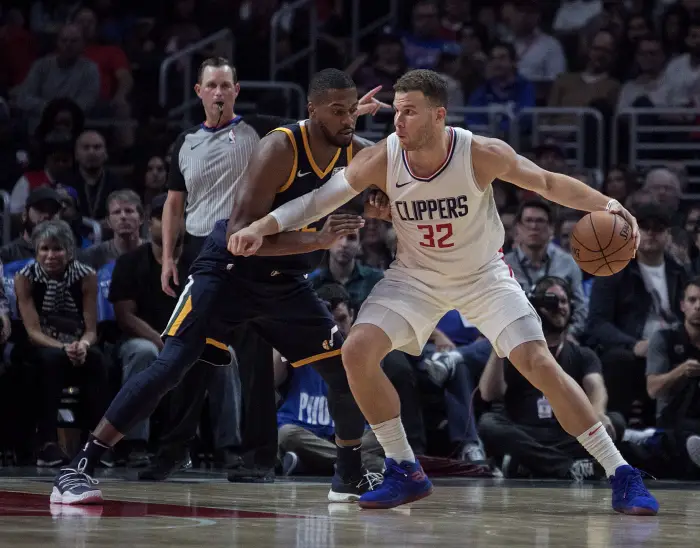 October 24, 2017 - Los Angeles, California, U.S - Blake Griffin #32 of the Los Angeles Clippers with the ball during their regular season NBA game against the Utah Jazz on Tuesday October 24, 2017 at the Staples Center in Los Angeles, California. Clippers defeats Jazz, 102-84.