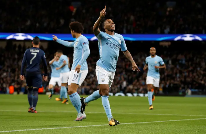 Soccer Football - Champions League - Manchester City vs S.S.C. Napoli - Etihad Stadium, Manchester, Britain - October 17, 2017   Manchester City's Raheem Sterling celebrates scoring their first goal
