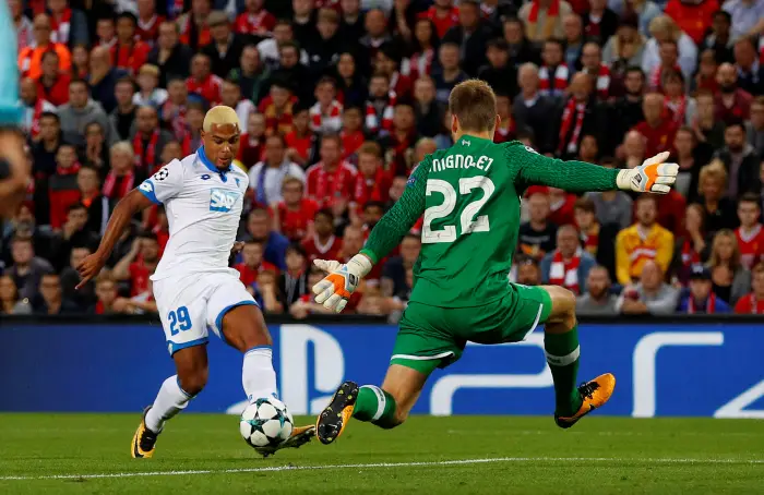 Soccer Football - Champions League - Playoffs - Liverpool vs TSG 1899 Hoffenheim - Liverpool, Britain - August 23, 2017   Hoffenheim¹s Serge Gnabry misses a chance to score as Liverpool's Simon Mignolet attempts to make a save