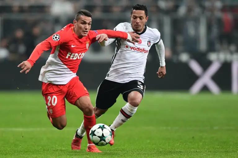 Monaco's Portuguese midfielder Rony Lopes (L) vies with Besiktas' Brazilian defender Adriano Correia during the UEFA Champions League Group G football match between Besiktas and Monaco on November 1, 2017, at the Vodafone Park in Istanbul.  / AFP PHOTO / OZAN KOSE