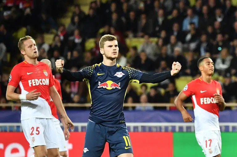 Leipzig's German forward Timo Werner (C) celebrates after scoring a goal during the UEFA Champions League group G football match between Monaco and Leipzig at the Louis II stadium, in Monaco, on November 21, 2017. / AFP PHOTO / Bertrand LANGLOIS