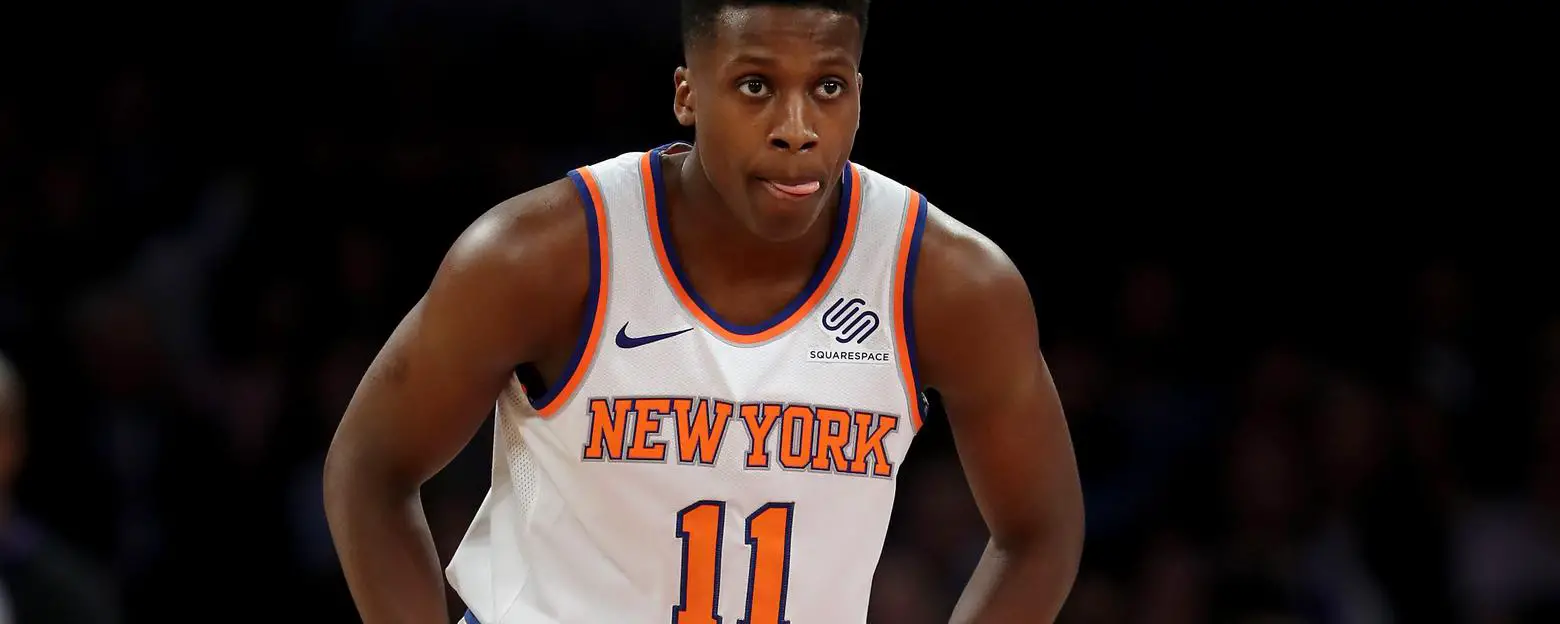 NEW YORK, NY - OCTOBER 27: Frank Ntilikina #11 of the New York Knicks lines up for defense in the first half against the Brooklyn Nets at Madison Square Garden on October 27, 2017 in New York City. NOTE TO USER: User expressly acknowledges and agrees that, by downloading and or using this Photograph, user is consenting to the terms and conditions of the Getty Images License Agreement   Elsa/Getty Images/AFP
== FOR NEWSPAPERS, INTERNET, TELCOS & TELEVISION USE ONLY ==