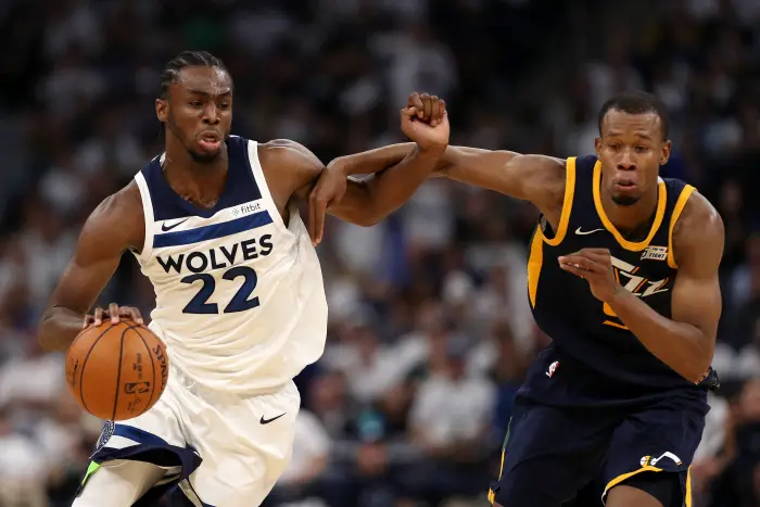 October 20, 2017 - Minneapolis, MN, USA - Minnesota Timberwolves guard Andrew Wiggins (22) works off the dribble against Utah Jazz guard Rodney Hood (5) in the second half on Friday, Oct. 20, 2017, at the Target Center in Minneapolis. The Timberwolves won, 100-97.