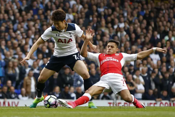 Britain Football Soccer - Tottenham Hotspur v Arsenal - Premier League - White Hart Lane - 30/4/17 Tottenham's Son Heung-min in action with Arsenal's Alexis Sanchez
