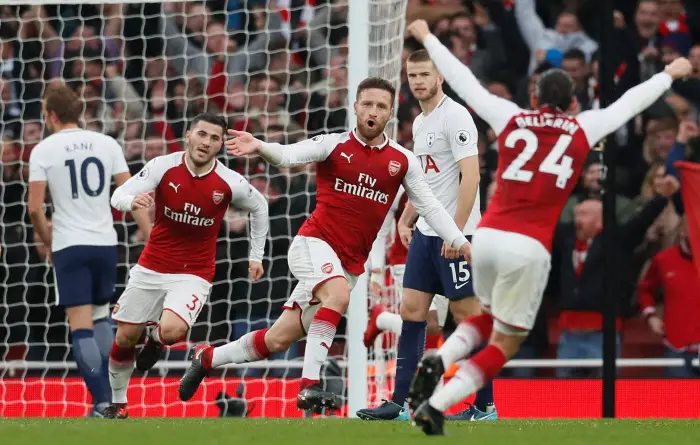 Soccer Football - Premier League - Arsenal vs Tottenham Hotspur - Emirates Stadium, London, Britain - November 18, 2017   Arsenal's Shkodran Mustafi celebrates scoring their first goal
