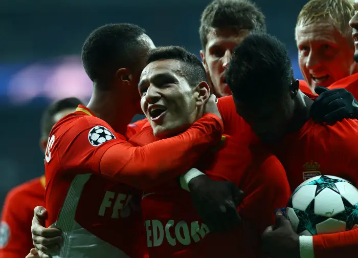 Monaco players celebrates for Rony Lopes ' s goal during UEFA Champions league match between Besiktas and Monaco at Vodfone Park in Istanbul , Turkey on November 01 , 2017.