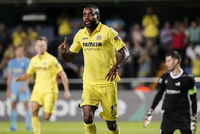 17 Cedric Bakambu of Villarreal CF celebrate after scoring the 2-1 goal with    during the UEFA Europa League Group A football match between Villarreal CF vs FC Astana  at La Ceramica stadium in Villarreal  on September 14, 2017.