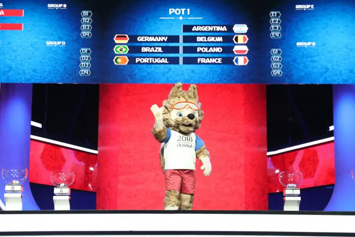 MOSCOW, RUSSIA - NOVEMBER 29, 2017: Wolf Zabivaka, the official mascot of the 2018 FIFA World Cup, at a rehearsal of the 2018 FIFA World Cup final draw at the State Kremlin Palace