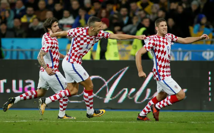 Croatia¹s Andrej Kramaric celebrates scoring their first goal with team mates
