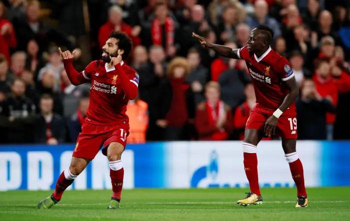 Soccer Football - Champions League - Liverpool vs Sevilla - Anfield, Liverpool, Britain - September 13, 2017   Liverpool's Mohamed Salah celebrates scoring their second goal with Sadio Mane
