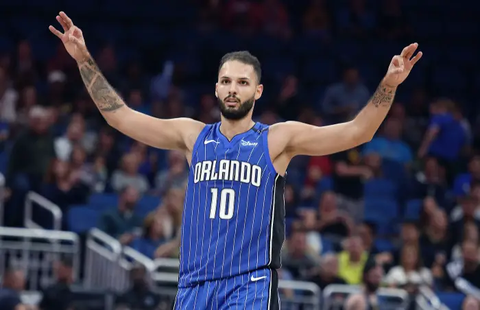 October 27, 2017 - Orlando, FL, USA - The Orlando Magic's Evan Fournier celebrates after a 3-point shot against the San Antonio Spurs during the first half at the Amway Center in Orlando, Fla., on Friday, Oct. 27, 2017.