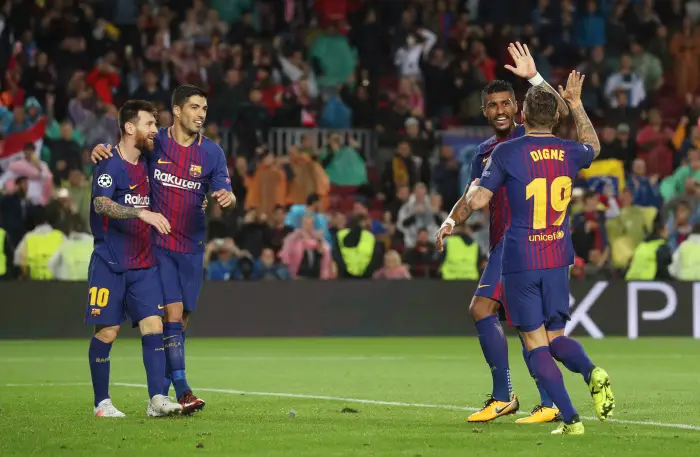 Soccer Football - Champions League - FC Barcelona vs Olympiacos - Camp Nou, Barcelona, Spain - October 18, 2017   Barcelona¹s Lucas Digne celebrates scoring their third goal with Paulinho, Lionel Messi and Luis Suarez