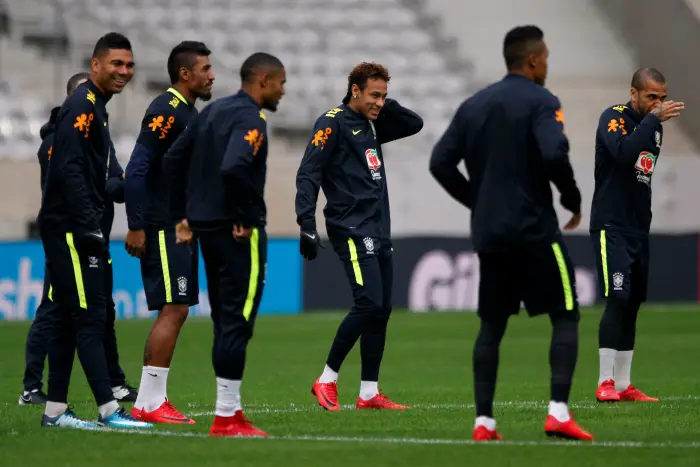 Brazil's Neymar, Casemiro, Dani Alves and teammates during training