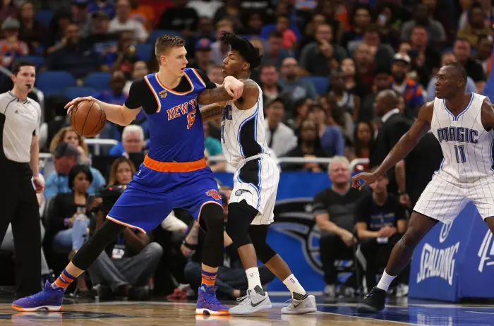 March 6, 2017 - Orlando, FL, USA - New York Knicks forward Kristaps Porzingis (6) is guarded by Orlando Magic guard Elfrid Payton (4) on Monday, March 6, 2017 at Amway Center in Orlando, Fla.