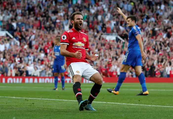 Soccer Football - Premier League - Manchester United vs Leicester City - Manchester, Britain - August 26, 2017   Manchester United's Juan Mata reacts after his goal is disallowed
