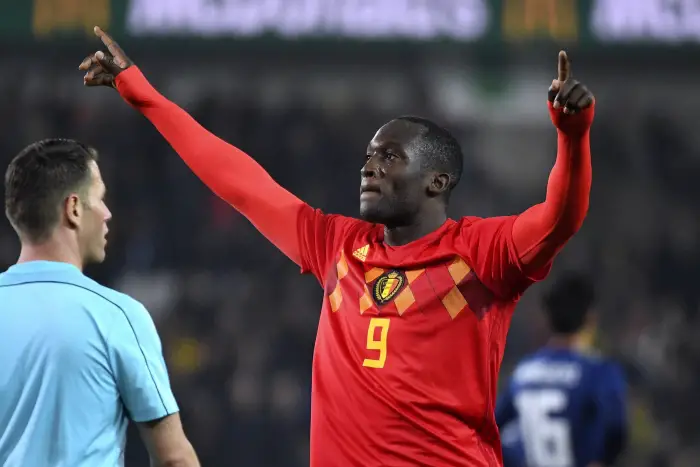Romelu Lukaku forward of Belgium celebrates scoring the opening goal