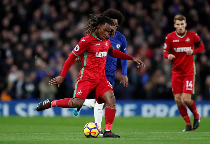 Soccer Football - Premier League - Chelsea vs Swansea City - Stamford Bridge, London, Britain - November 29, 2017   Swansea City's Renato Sanches in action with Chelsea's Willian