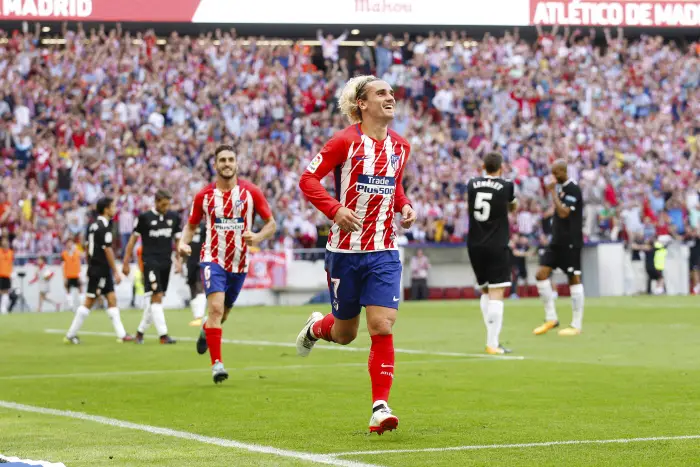 Antonie Griezmann (7) Atletico de Madrid's player celebrates the (2,0) after scoring his team¬¥s goal.  La Liga between Atletico de Madrid vs Sevilla FC at the Wanda Metropolitano stadium in Madrid, Spain, September 23, 2017 .