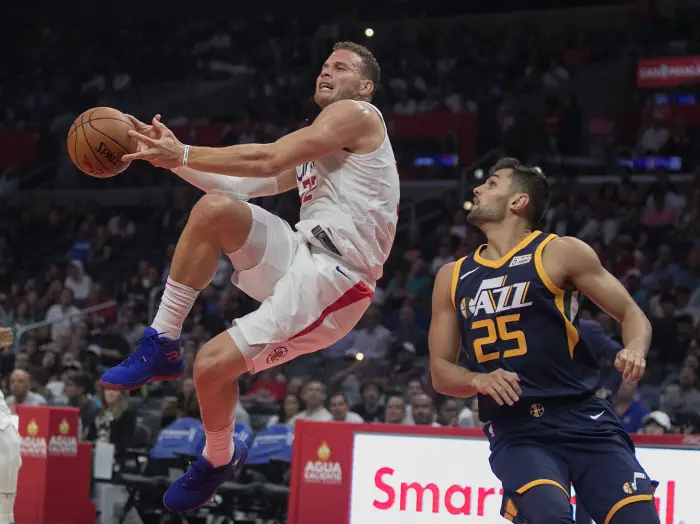 October 24, 2017 - Los Angeles, California, U.S - Blake Griffin #32 of the Los Angeles Clippers takes a shot during their regular season NBA game against the Utah Jazz on Tuesday October 24, 2017 at the Staples Center in Los Angeles, California. Clippers defeats Jazz, 102-84.