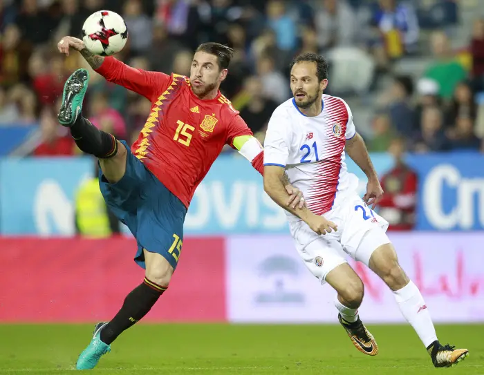Spain's Sergio Ramos (l) and Costa Rica's Marcos Urena during international friendly match. November 11,2017