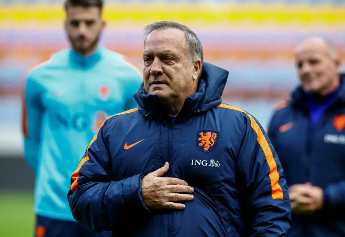 The Netherlands' head coach Dick Advocaat attends a training session ahead of their match against Belarus.