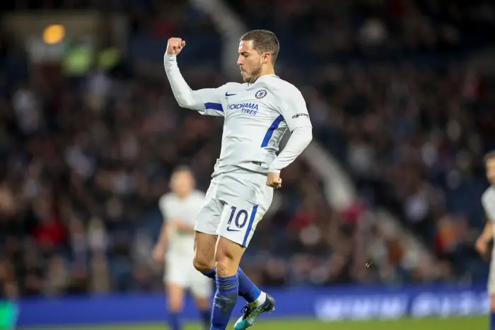 18th November 2017, The Hawthorns, West Bromwich, England; EPL Premier League football, West Bromwich Albion versus Chelsea; Eden Hazard of Chelsea celebrates after he scores in the 62nd minute to make it 4-0