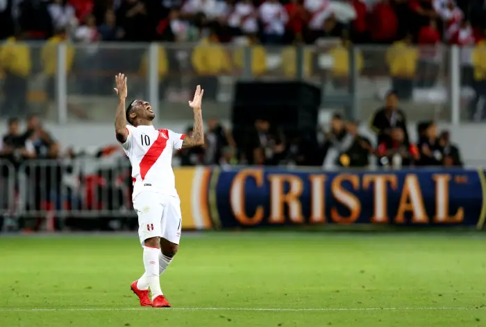Peru's Jefferson Farfan celebrates after scoring.