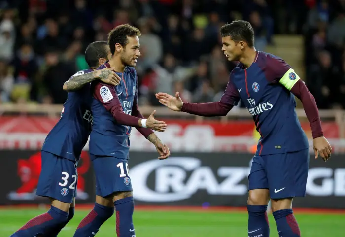 Paris Saint-Germain¹s Neymar celebrates scoring their second goal with team mates