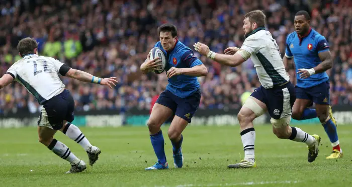 Rugby Union - Scotland v France - RBS Six Nations Championship 2016 - Murrayfield Stadium, Edinburgh, Scotland - 13/3/16
Franceís Francois Trinh-Duc challenged  by Scotlandís John Barclay and Peter Horne (L)