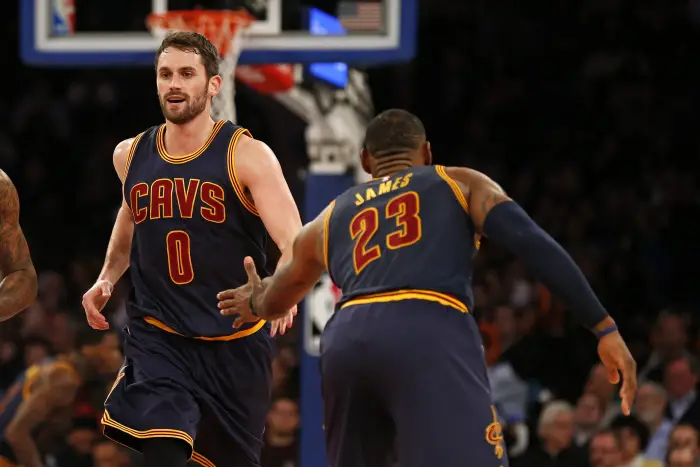 Feb 4, 2017; New York, NY, USA; Cleveland Cavaliers forward Kevin Love (0) celebrates with Cavaliers forward LeBron James (23) during the second half against the New York Knicks at Madison Square Garden.