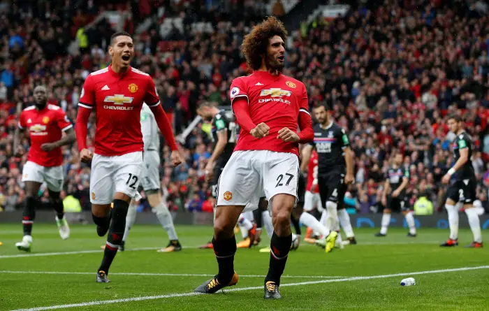 Soccer Football - Premier League - Manchester United vs Crystal Palace - Old Trafford, Manchester, Britain - September 30, 2017   Manchester United's Marouane Fellaini celebrates scoring their third goal