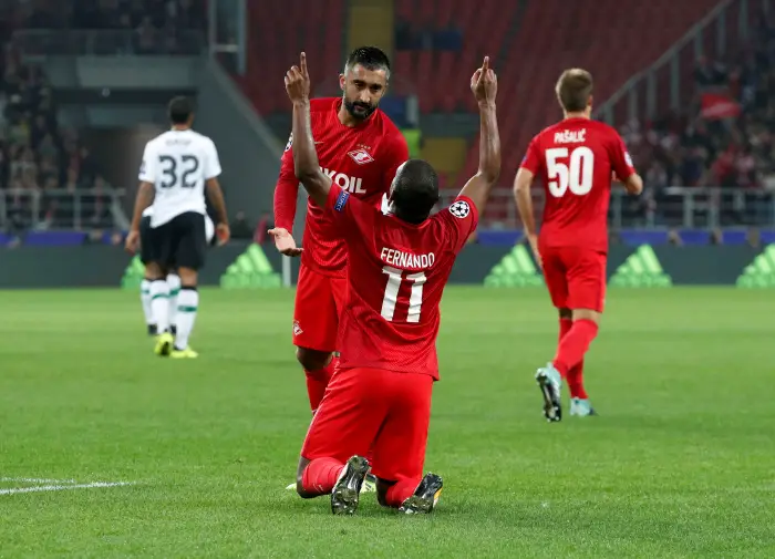 Soccer Football - Champions League - Spartak Moscow vs Liverpool - Otkrytiye Arena, Moscow, Russia - September 26, 2017   Spartak Moscow's Fernando celebrates scoring their first goal with team mates