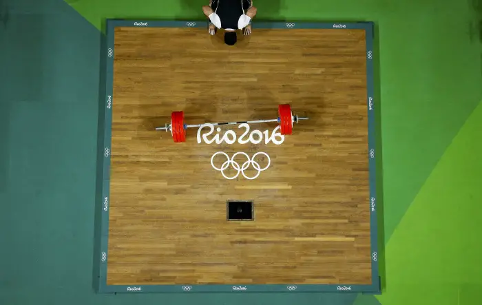 2016 Rio Olympics  Weightlifting - Final - Men's 105kg - Riocentro - Pavilion 2 - Rio de Janeiro, Brazil - 15/08/2016. Mohammadreza Barari (IRI) of Iran bows.