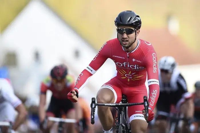 NOKERE, BELGIUM - MARCH 15:  Nacer Bouhanni  celebrates as he wins the 72th Danilith Nokere koerse cycling race with start in Deinze and finish in Nokere, Belgium, Belgium on Wednesday  15/03/2017