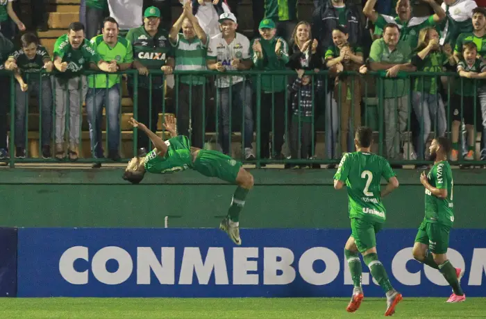 Tulio de Melo (L) of Chapecoense celebrates his goal