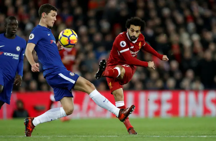 Soccer Football - Premier League - Liverpool vs Chelsea - Anfield, Liverpool, Britain - November 25, 2017   Liverpool's Mohamed Salah shoots at goal
