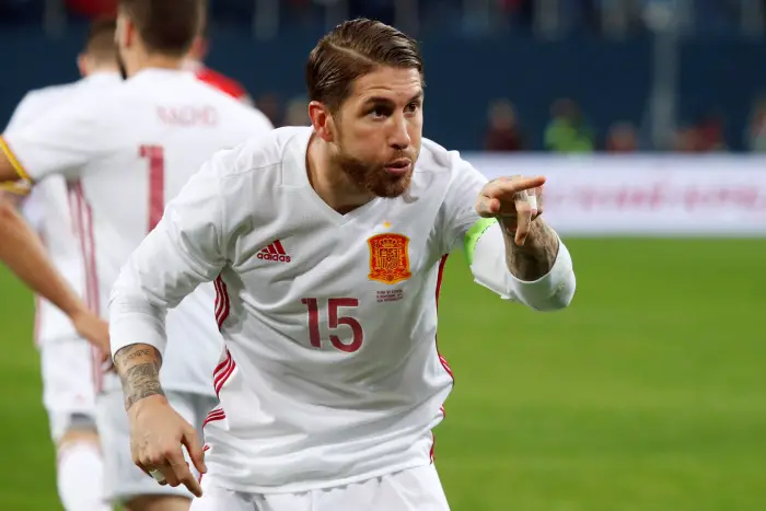 Spain¹s Sergio Ramos celebrates scoring their third goal from the penalty spot