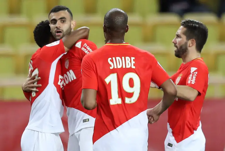 Monaco's French midfielder Rachid Ghezzal (2-L) celebrates with teammates after scoring a goal during the French L1 football match Monaco versus Metz on January 21, 2018 at the Louis II Stadium in Monaco.   / AFP PHOTO / VALERY HACHE
