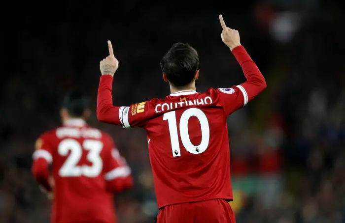 Soccer Football - Premier League - Liverpool vs Swansea City - Anfield, Liverpool, Britain - December 26, 2017   Liverpool's Philippe Coutinho celebrates scoring their first goal