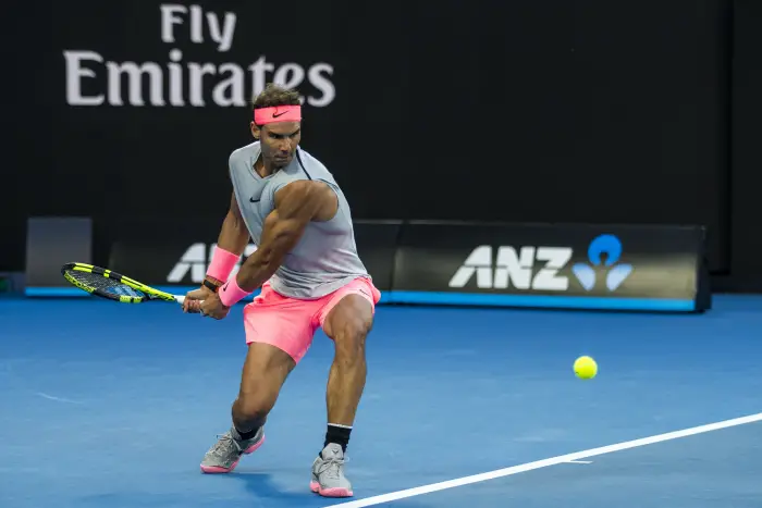 MELBOURNE, VIC - JANUARY 15: Rafael Nadal of Spain plays a shot during the 2018 Australian Open on January 15, 2018, at Melbourne Park Tennis Centre in Melbourne, Australia.