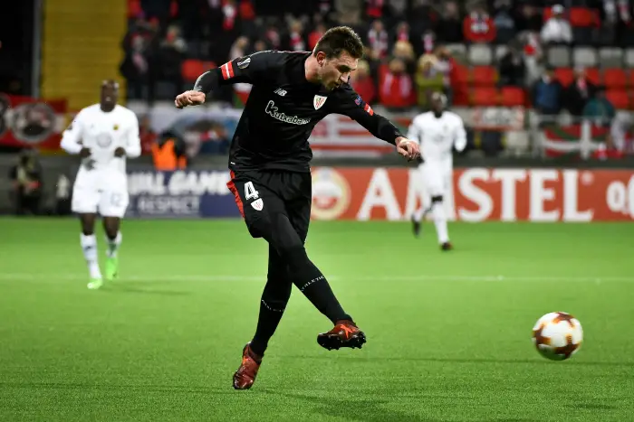 Athletic's Aymeric Laporte kicks the ball.