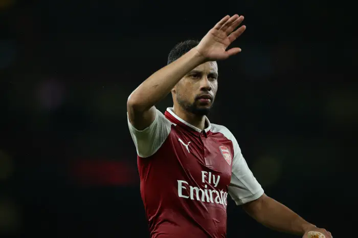 Francis Coquelin of Arsenal acknowledges the crowd after the final whistle during the Carabao Cup Fourth Round match between Arsenal and Norwich City at Emirates Stadium on October 24th 2017 in London, England.