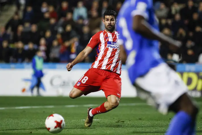 3rd January 2018, Camp d'Esports, Lleida, Catalonia; Copa del Rey round of 16, first leg, Lleida versus Atletico Madrid; Diego Costa of Atletico de Madrid shoots and  scores the goal for 0-3 in the 70th minute