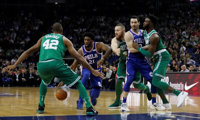 Basketball - NBA - Boston Celtics vs Philadelphia 76ers - O2 Arena, London, Britain - January 11, 2018   Philadelphia 76ers' Joel Embiid in action