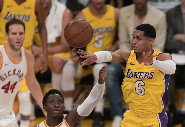 January 19, 2018 - Los Angeles, California, U.S - Jordan Clarkson #6 of the Los Angeles Lakers passes the ball during their NBA game with the Indiana Pacers on Friday January 19, 2018 at the Staples Center in Los Angeles, California. Lakers defeat Pacers, 99-86.