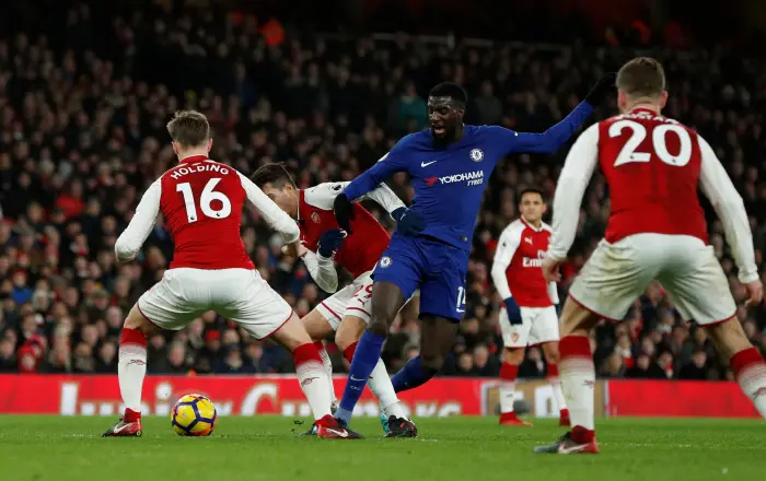 Chelsea's Tiemoue Bakayoko is fouled by Arsenal's Granit Xhaka